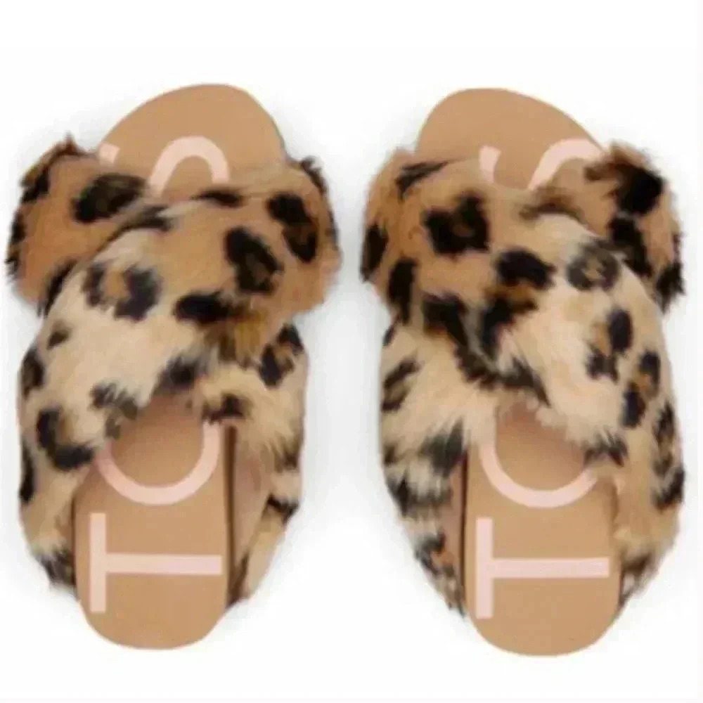 TOMS Susie Eva Faux Fur Mule Slippers Dark Natural Leopard Shoes Womens 10 NEW